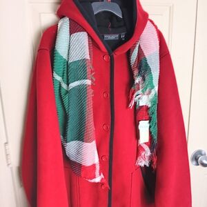 Susan Graver Women Red Weekender Fleece Coat With Hood & Free Scarf Size 3X